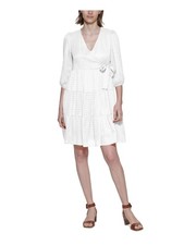 CALVIN KLEIN Womens Ivory Tie Lined Pullover 3/4 Sleeve Faux Wrap Dress 10