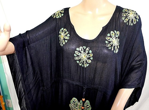 Just Love Women Plus One Free Size Black Green Sequin Tie Dye Kaftan Dress Tunic - Picture 4 of 12