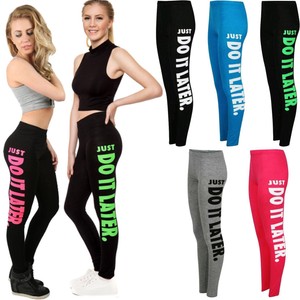Womens Ladies WORKOUT Slogan Fitness Leggings In Black 8-14