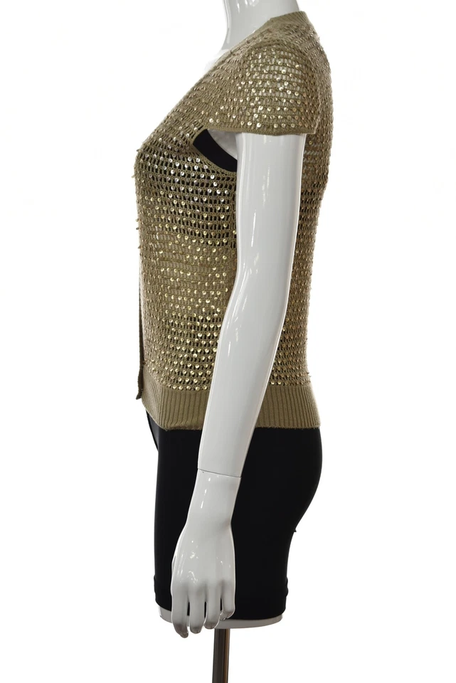 Suéter para mujer Betsey Johnson talla M beige topo lentejuelas cárdigan manga gorra Foto 3 de 4