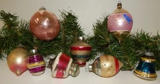 Lot 8 Vintage Glass Assorted Christmas Ornaments - Lantern Flocked Striped