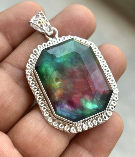 Natural 93 Ct Ammolite Silver Pendant Certified Doublet Organic Gemstone - 第 1/4 張圖片