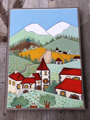RARE 70's French Large Folk Art Ceramic Tile Plaque Alpine Scene Auvergne SIGNED