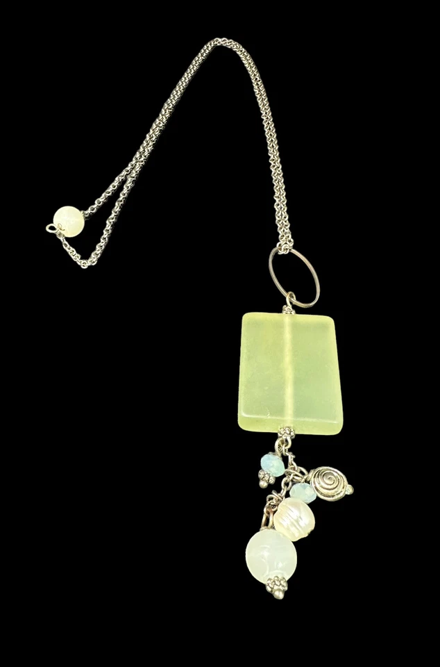 Collar Artesanal Placa de Plata Tallada Jade Perla Cristal Cuentas Modernista Foto 2 de 4