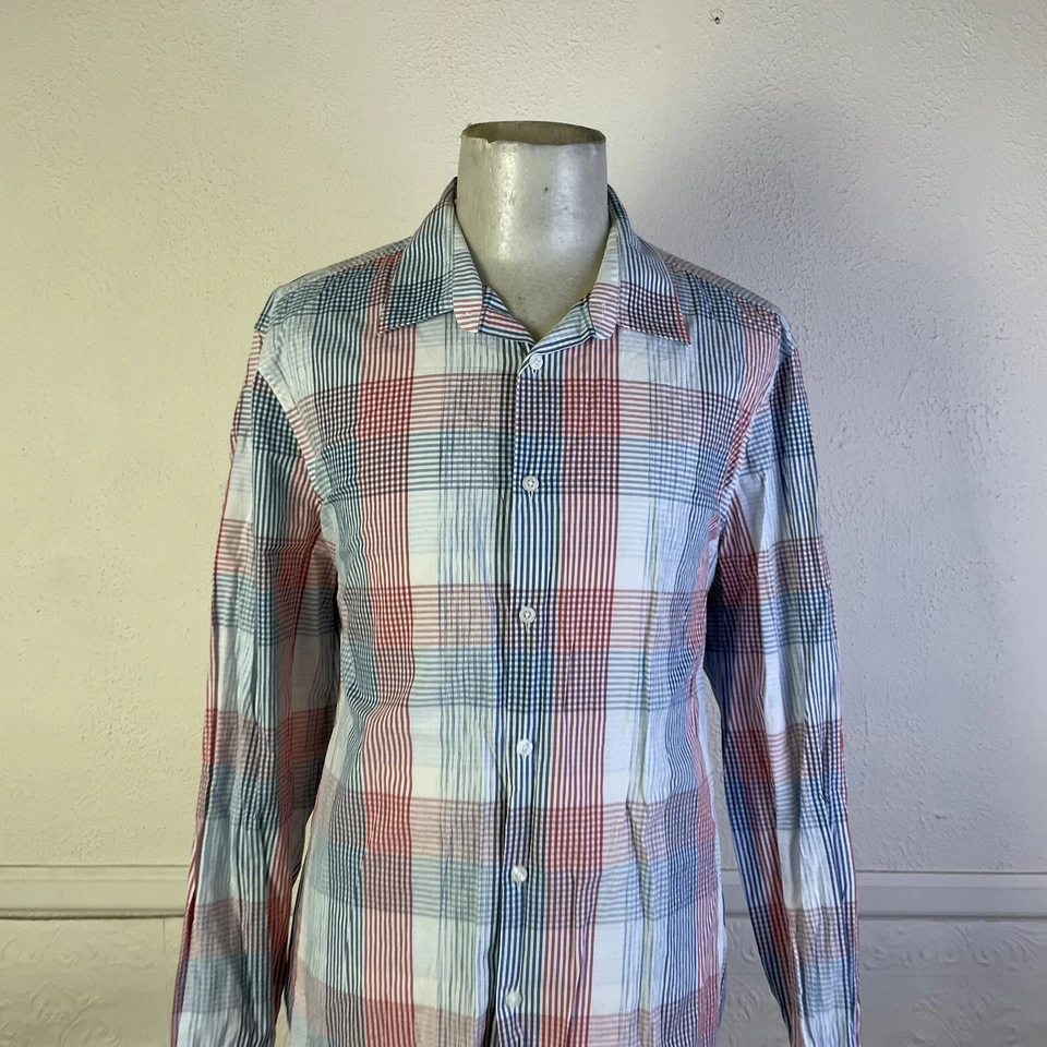 Camisa Perry Ellis Para Hombres XXL Azul Rojo Color Bloque Cuadros Madrás Manga Larga Foto 4 de 4
