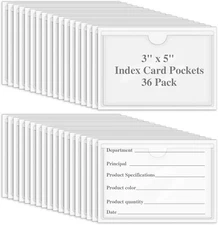 36 Pack Adhesive 3" x 5" Index Card Pockets with Top Open for Loading, Clear Pla