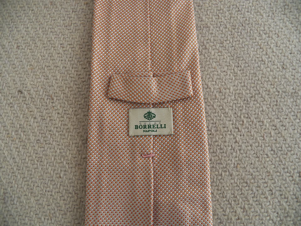Luigi Borrelli Napoli Silk Necktie seven fold orange silver micro check dot tie - Image 2 of 4