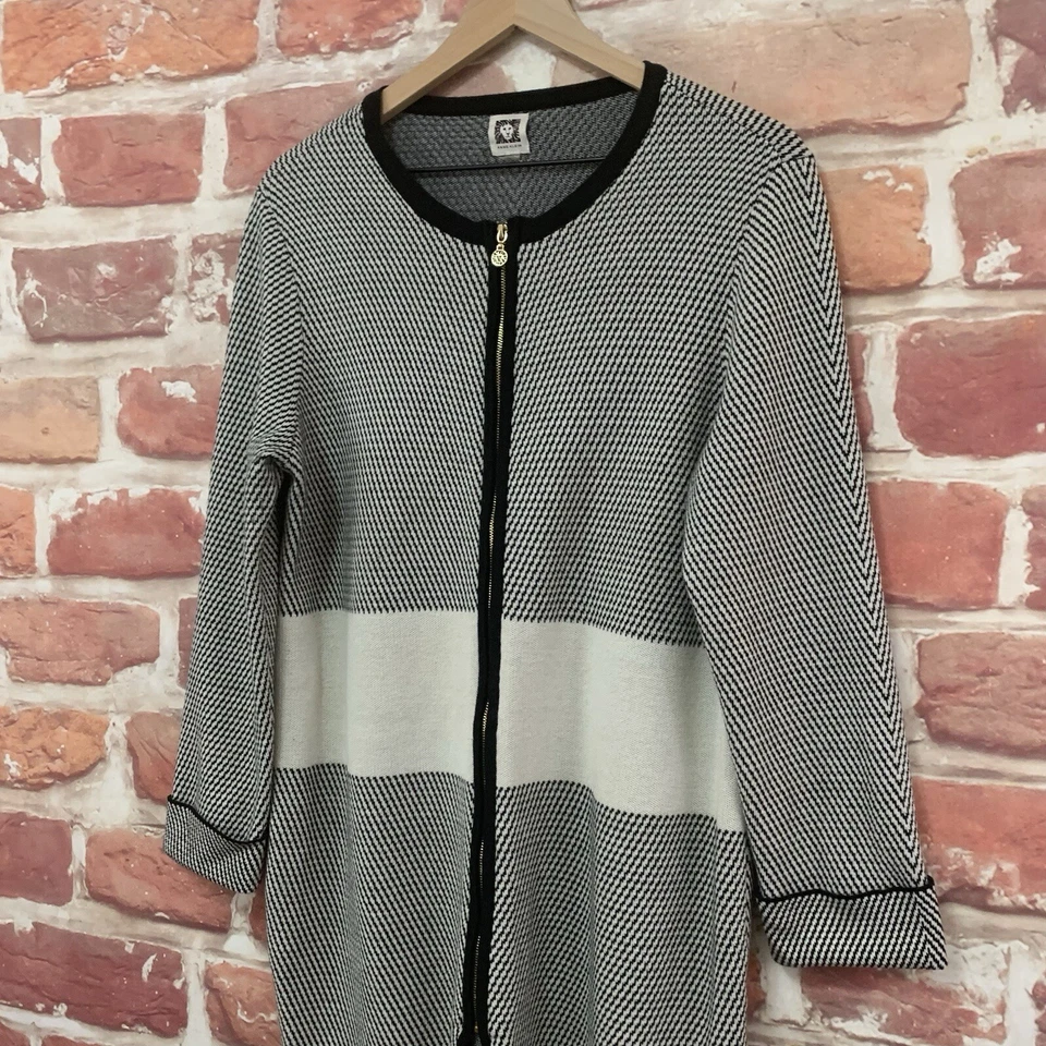 Anne Klein Sweater Dress Womens Large Black White Striped Knit Casual Logo Zip - Image 4 of 4