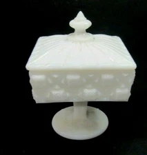 VTG Westmoreland Milk Glass Old Quilt Square Covered Candy Dish 6.5"T Pedestal