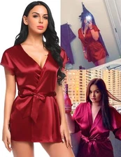 Womens Sexy Silk Satin Robe Kimono Short Bathrobe Lingerie Sleepwear Underwear