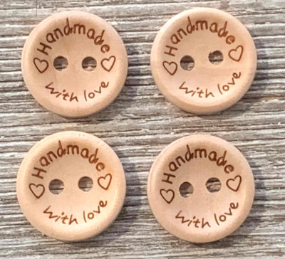 4 ''Handmade with Love'' Buttons 5/8'' Crafting Sewing Wood Round 2 Hole 