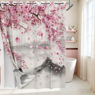 Cherry Blossom Hookless Shower Curtain Mesh with Snap in Liner, Japanese Pink