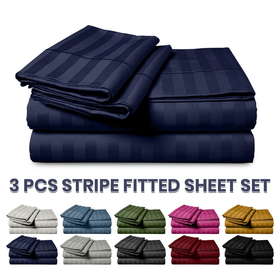 BOURNLONDON Extra Deep 40CM Stripe Fitted Sheet with Free Pair Pillow Case 3 Piece Bed Set