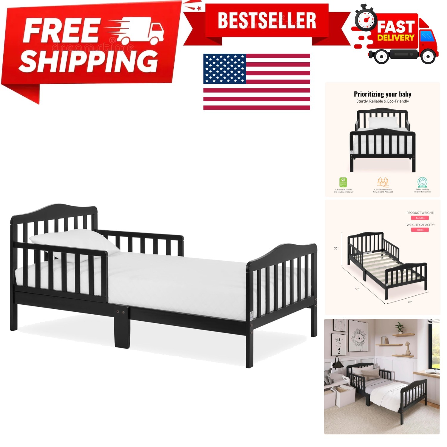 Classic Design Toddler Bed In Black, Greenguard Gold And JPMA Certified, Low ...