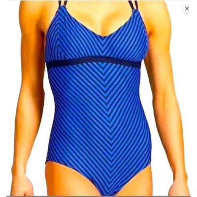 ATHLETA Medium Blue Black Chevron Lace-Up Back Avila Maillot One Piece Swimsuit