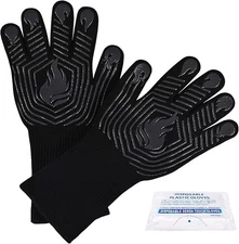 Heat Resistant BBQ Gloves, 1472°F Fireproof Silicone Mitts, Washable (Black)