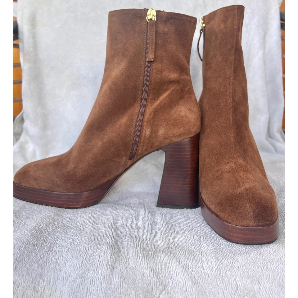 Usado en Excelente Condición Ana Palma Gamuza Cuero Plataforma Tacón Bloque Medio Pantorrilla Botas Marrón Talla 10.5/41 Foto 3 de 4