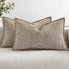 Chenille Throw Pillow Covers 12x20 Set of 2, Thick Textured Slubby Neutral De...