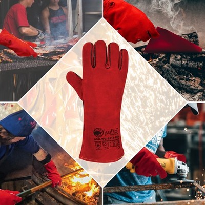 Schweißerhandschuhe rot hitzebeständig Leder robust WIG MIG ARC BBQ Sicherheitshandschuh