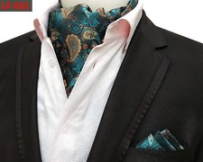 Men Green Paisley Cravat Ascot Necktie Handkerchief Pocket Square Wedding Set