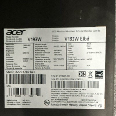 Acer V193W 19'' LCD Monitor 1440x900 16:10 DVI D-Sub Black 50000:1 250cd/m² 5ms