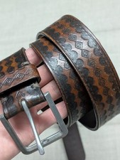 vintage TOOLED cowhide leather WESTERN brown belt 40 geometric COWBOY full grain