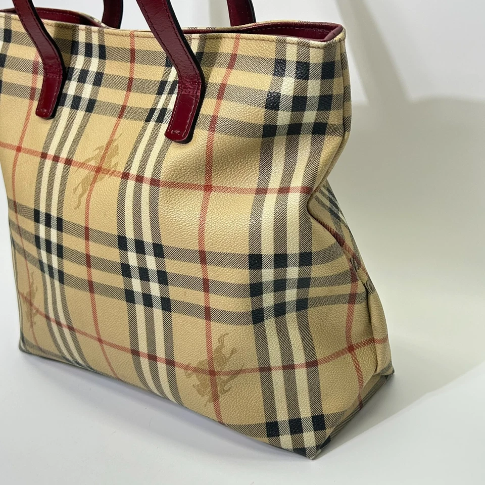 Burberry London Nova Check Tote Handbag Red Handle Strap Beige Plaid - Image 2 of 4