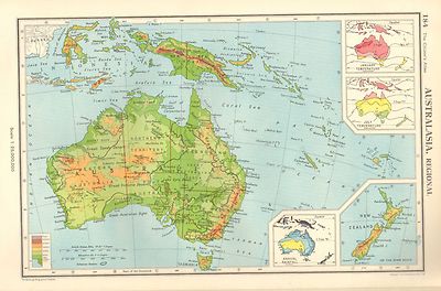 1952 Landkarte ~Australia~ Physikalisch Annual Rainfall New Zealand Neu Guinea