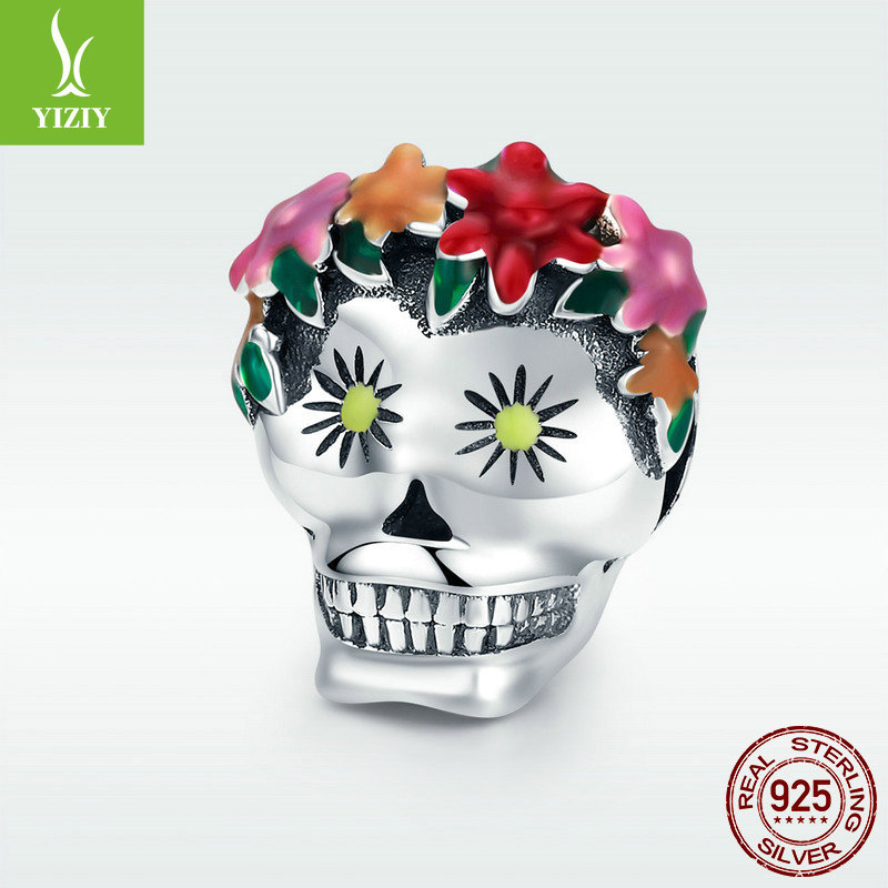 Qings Skull Bead Charm, 925 Sterling Silver With White Flower Enamel – Pendant For Bracelets & Necklaces, Halloween Jewelry