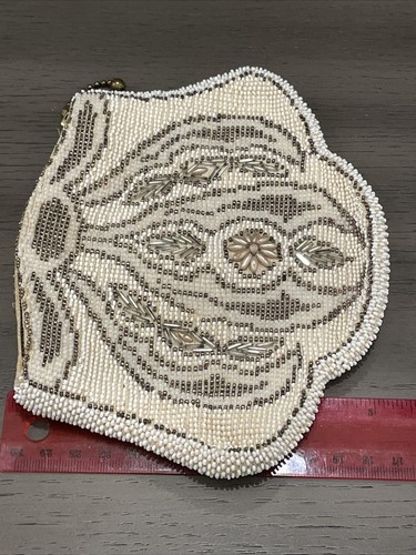 Vintage Art Deco Style Evening Bag Wristlet Beaded Czechoslovakia Bronze Cream - Picture 16 of 16