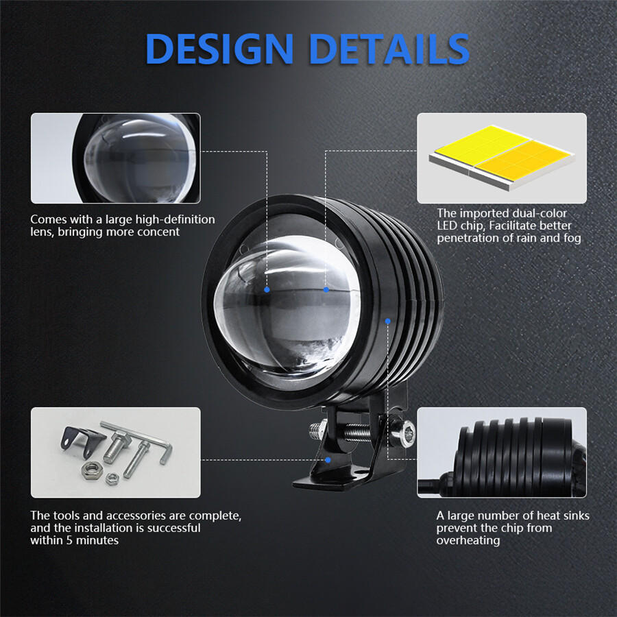 LED Working Dual Color Headlight Motorcycle 3in Fog Lamp Lens Accessories 2Pcs
