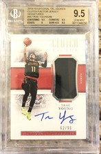 TRAE YOUNG 2018-19 NATIONAL TREASURES RPA CLUTCH FACTOR JERSEY AUTO /99 BGS 9.5