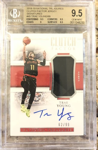 TRAE YOUNG 2018-19 NATIONAL TREASURES RPA CLUTCH FACTOR JERSEY AUTO /99 BGS 9.5