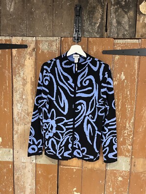 Chico s Strickjacke Seide Baumwolle durchgehender Reißverschluss schwarz & blau gemustert Damen Gr. 1