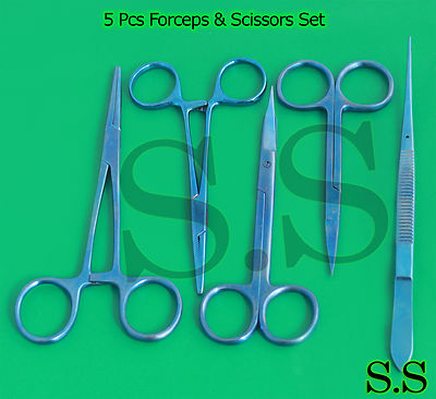 5 Pcs Forceps & Scissors+ Tweezer Titanium Surgical Instrument T.T-126