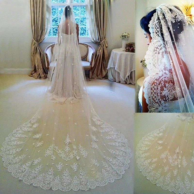 Plain Dyed Nylons Wedding Veils One Layered Lace Edge Cathedral