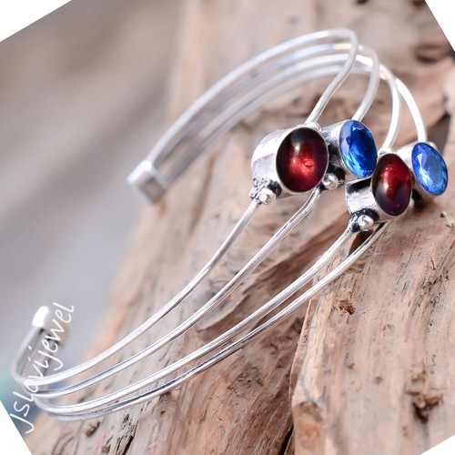 Bracelet Jonc Ajustable En Argent Sterling 925 Avec Grenat Et Topaze Bleue De Londres - Fait Main