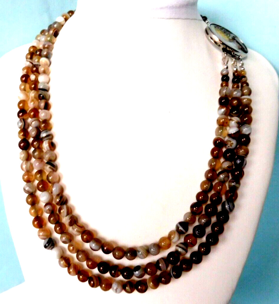 Collier en agate de Botswana 6mm 3 rangs, bijou en pierres naturelles véritables 385 carats