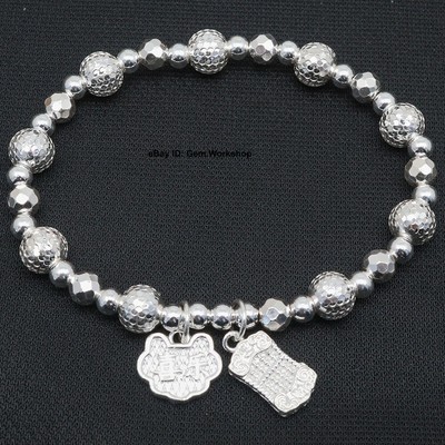 Pure Fine Silver 999 Bracelet Abacus Ruyi Charm Round Beads Link Chain 16-17g