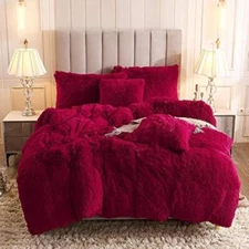  Faux Fur Velvet Fluffy Bedding Duvet Cover Set Down Comforter Queen Burgundy