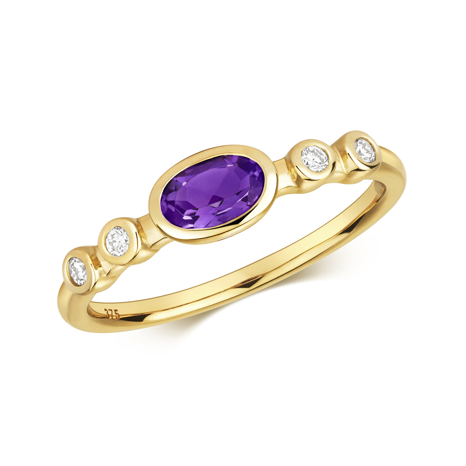 Bague femme or jaune 9k avec améthyste violette et diamants brillants taille 54