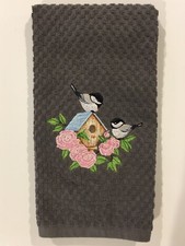 Chickadee Birds on Birdhouse Roses Flowers Embroidered Gray Kitchen Dish Towel