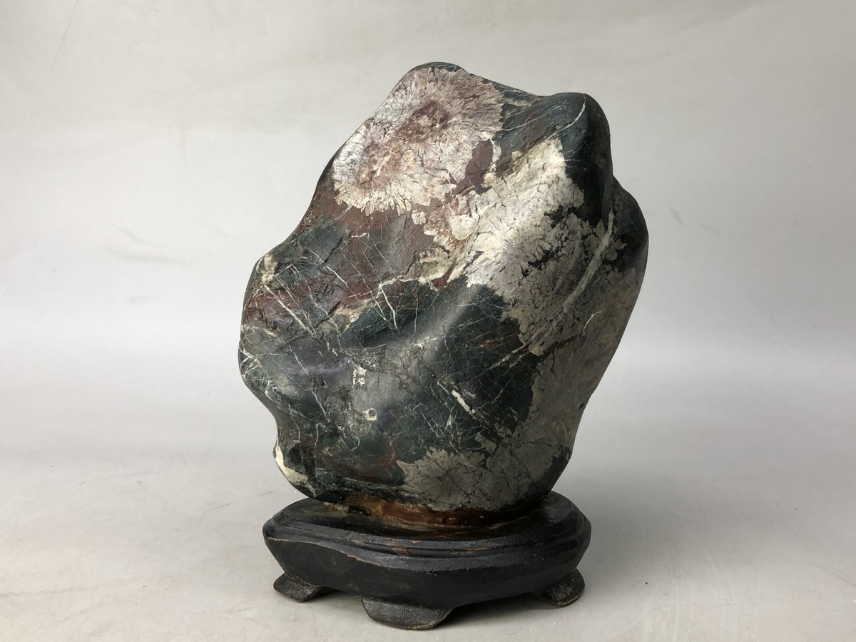 Y8259 OKIMONO Chrysanthemum stone wooden stand Japan antique
