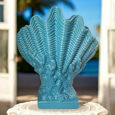 Vintage Benzara Turquoise Blue Ceramic Open Clamshell On Coral Pedestal Vase 15''