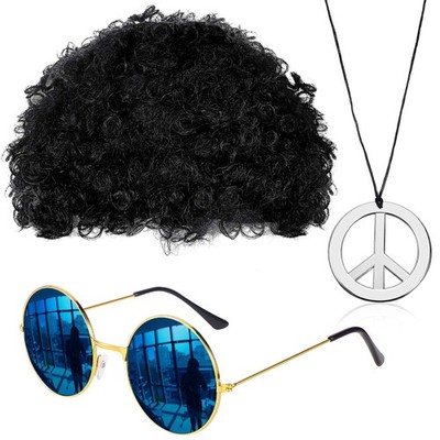 Men's Disco Costume Set 3 Pcs Afro Wig Sunglasses Peace Sign Funky Hippie