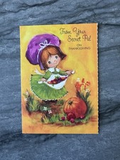 Vintage NOS Unused Hallmark Thanksgiving Card Pretty Pilgrim Girl Pumpkin Flower