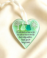 Green & White Heart Hanging Decoration, Tree Pattern Friendship Quote Ornament