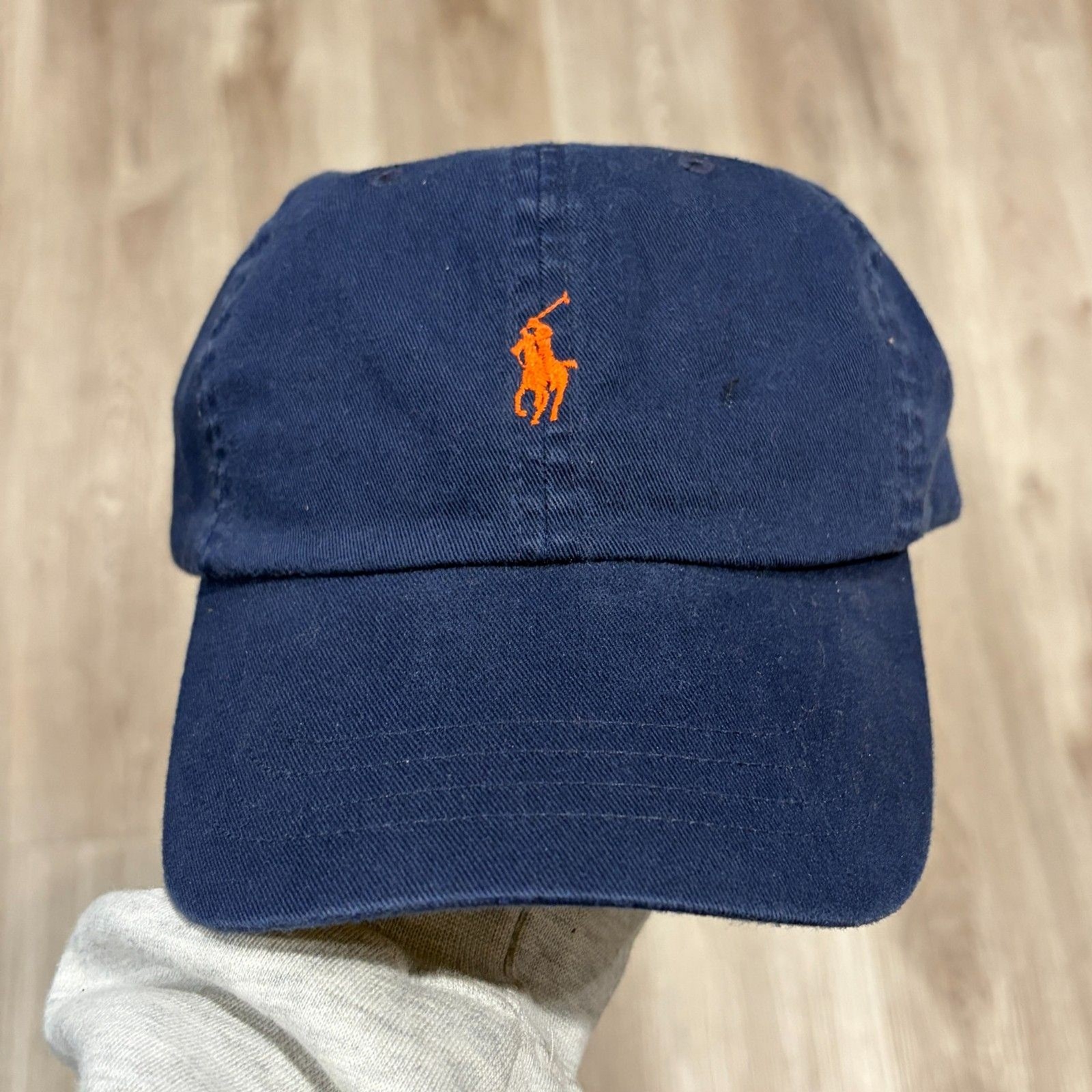 Polo Ralph Lauren Cotton Chino Baseball Strapback Hat Navy Blue Orange Vintage