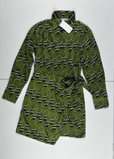 MNG Mango Women’s XS Green Geometric Print Tie Waist Shirt Dress NWT