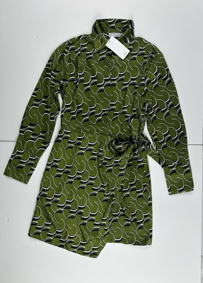 MNG Mango Damen XS grün geometrisches Muster Tie Waist Shirt Kleid Neu mit Etikett